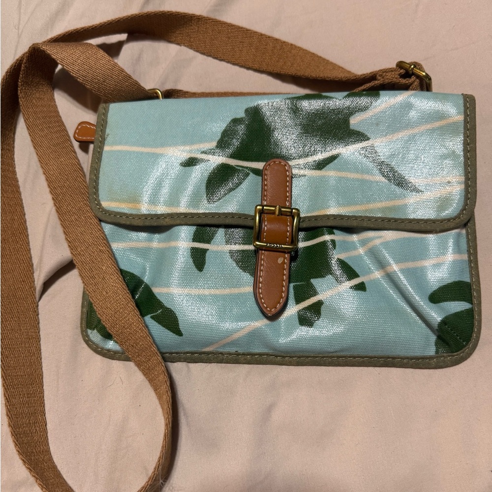 Fossil Green and Brown Turtle Crossbody Bag with Red Interior